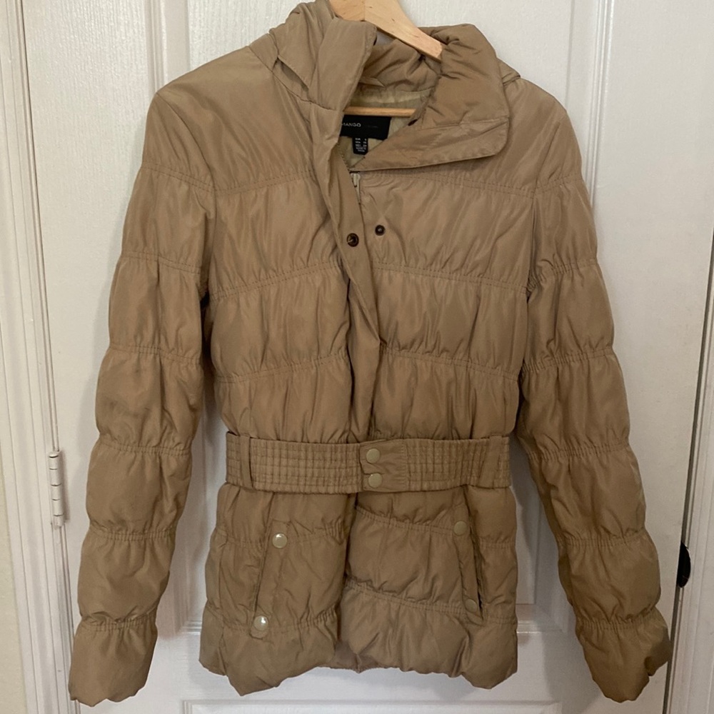 Beige Waterproof Mango Coat with Cinched Belt